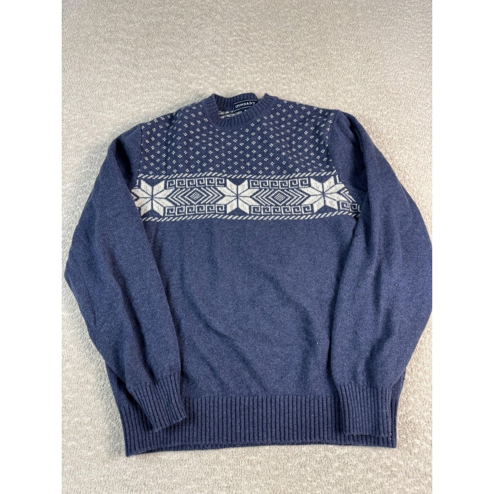Crown & Ivy Sweater Mens‎ Medium Blue Lambswool Fair Isle Snowflake Winter